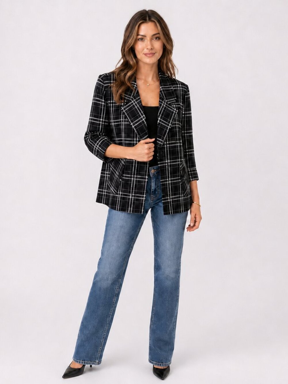Madison Plaid Blazer Size 8  Windowpane Preppy Chic Roll Cuff Statement Lining